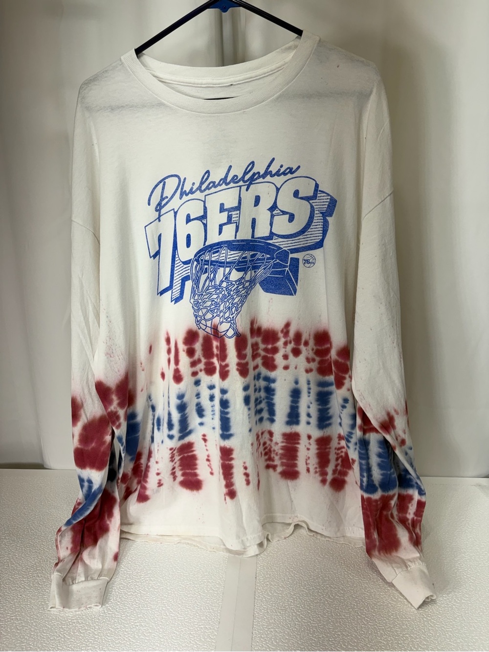 Junk Food Clothing White Long-Sleeve 76ERS Tie-Dye Tee Red & Blue Accents 3504